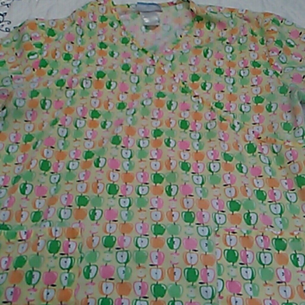SB Scrubs brand used scrub top, yellow w. apples